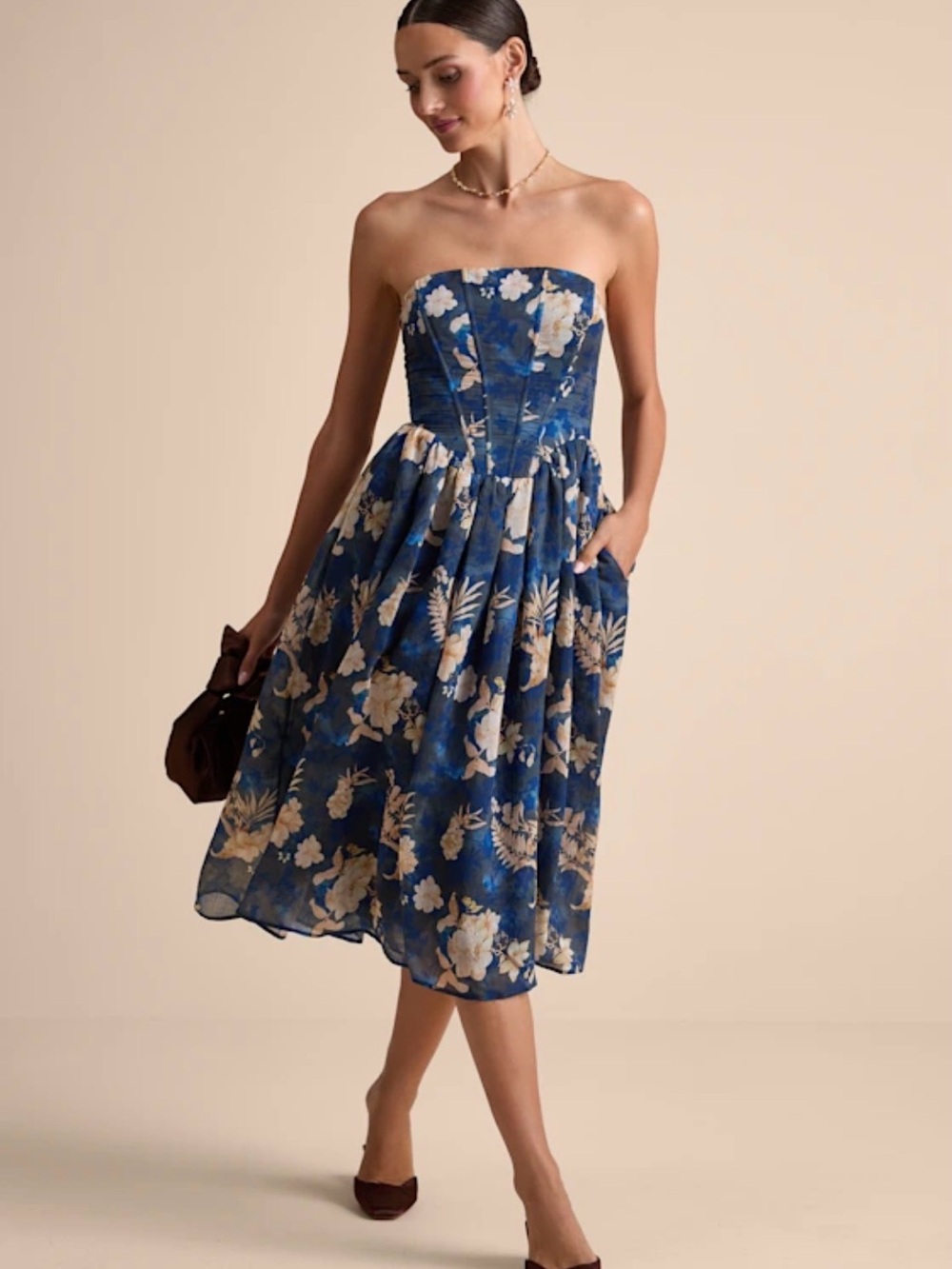 Lulu’s Eulalia Strapless Blue Floral Midi Dress Corset Basque Waist XS